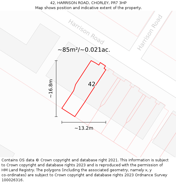 42, HARRISON ROAD, CHORLEY, PR7 3HP: Plot and title map