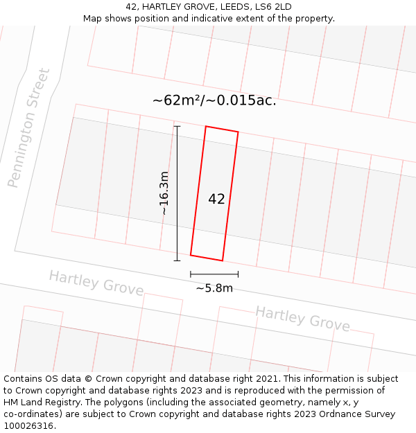 42, HARTLEY GROVE, LEEDS, LS6 2LD: Plot and title map
