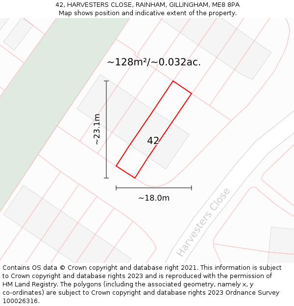 42, HARVESTERS CLOSE, RAINHAM, GILLINGHAM, ME8 8PA: Plot and title map