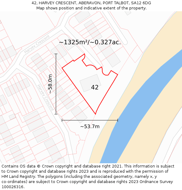 42, HARVEY CRESCENT, ABERAVON, PORT TALBOT, SA12 6DG: Plot and title map