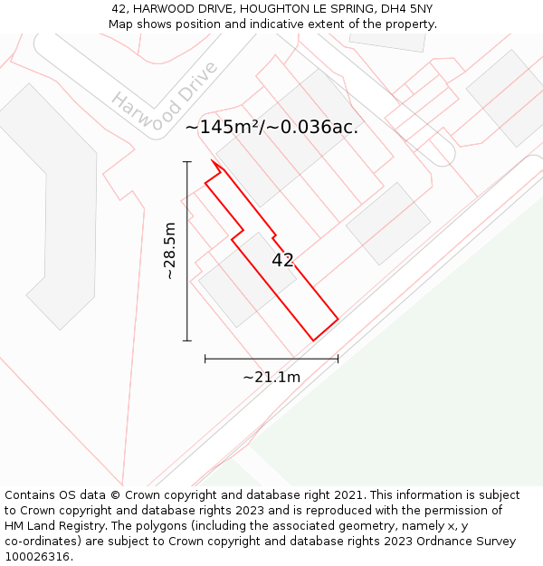 42, HARWOOD DRIVE, HOUGHTON LE SPRING, DH4 5NY: Plot and title map