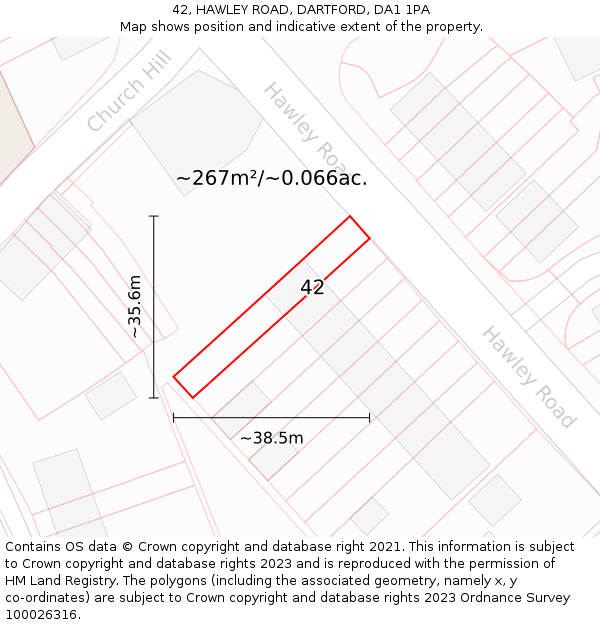 42, HAWLEY ROAD, DARTFORD, DA1 1PA: Plot and title map