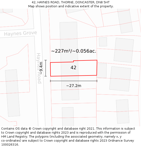 42, HAYNES ROAD, THORNE, DONCASTER, DN8 5HT: Plot and title map