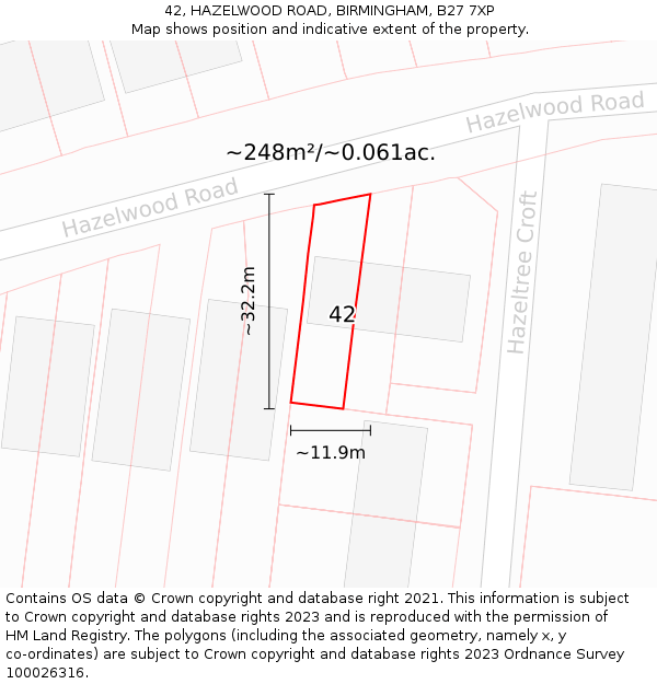 42, HAZELWOOD ROAD, BIRMINGHAM, B27 7XP: Plot and title map