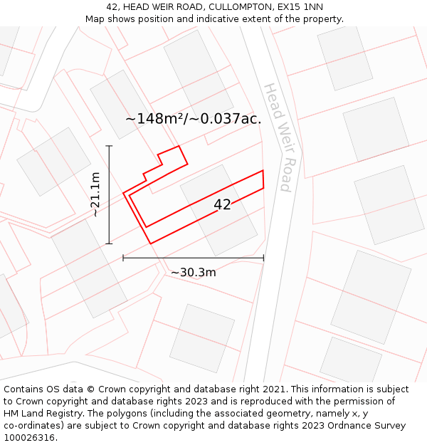 42, HEAD WEIR ROAD, CULLOMPTON, EX15 1NN: Plot and title map