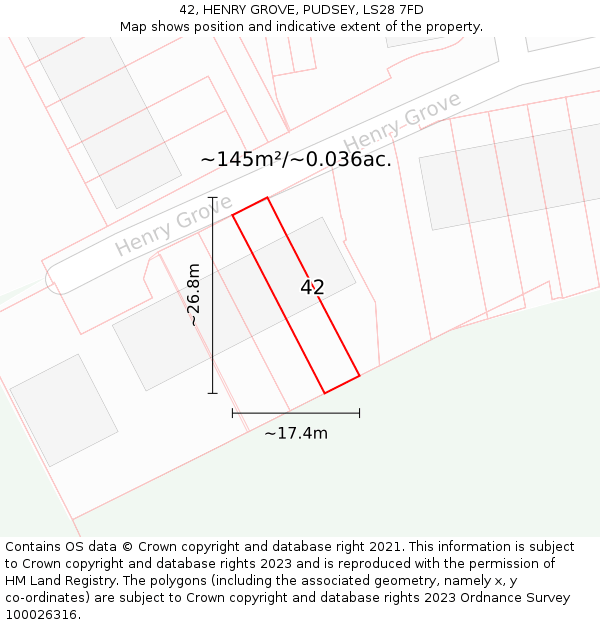 42, HENRY GROVE, PUDSEY, LS28 7FD: Plot and title map