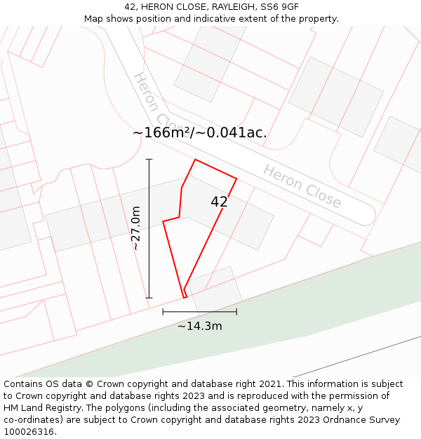 42, HERON CLOSE, RAYLEIGH, SS6 9GF: Plot and title map
