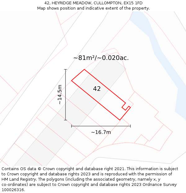 42, HEYRIDGE MEADOW, CULLOMPTON, EX15 1FD: Plot and title map