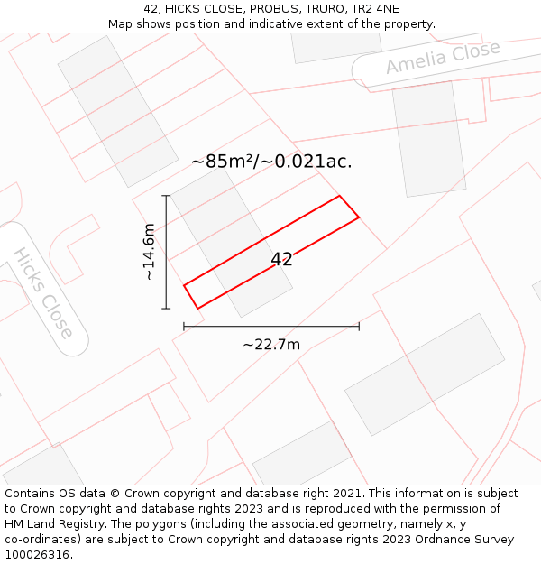 42, HICKS CLOSE, PROBUS, TRURO, TR2 4NE: Plot and title map
