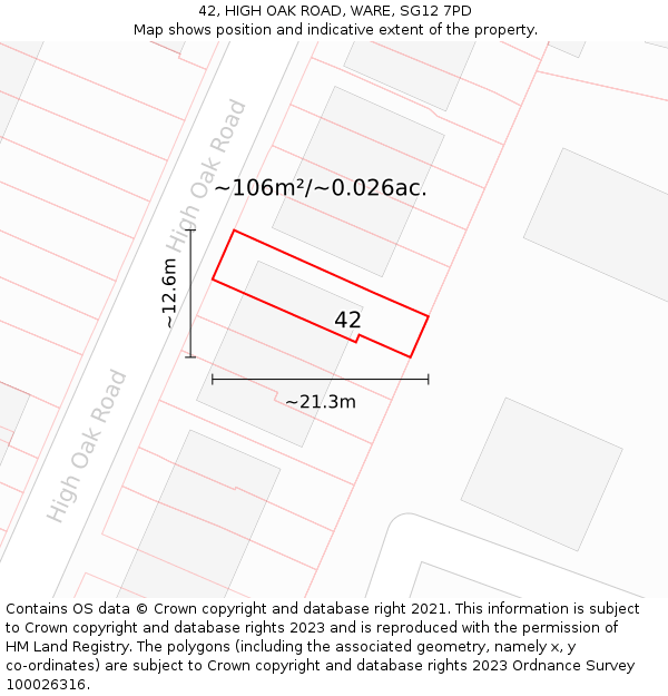 42, HIGH OAK ROAD, WARE, SG12 7PD: Plot and title map
