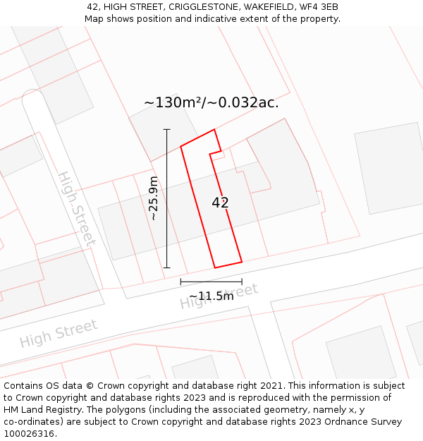 42, HIGH STREET, CRIGGLESTONE, WAKEFIELD, WF4 3EB: Plot and title map
