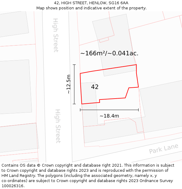 42, HIGH STREET, HENLOW, SG16 6AA: Plot and title map