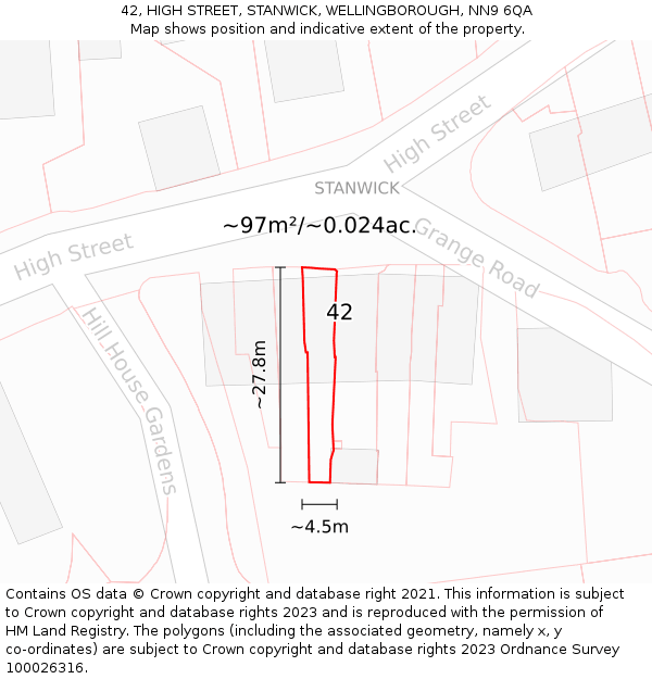 42, HIGH STREET, STANWICK, WELLINGBOROUGH, NN9 6QA: Plot and title map