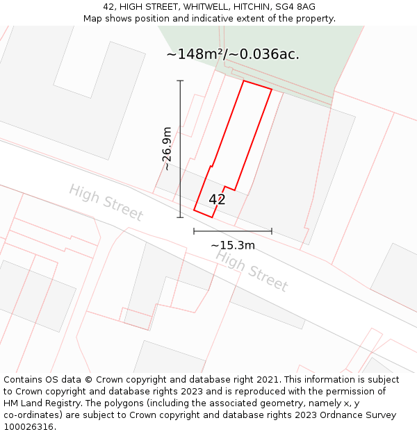 42, HIGH STREET, WHITWELL, HITCHIN, SG4 8AG: Plot and title map