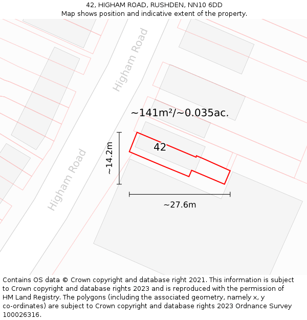 42, HIGHAM ROAD, RUSHDEN, NN10 6DD: Plot and title map
