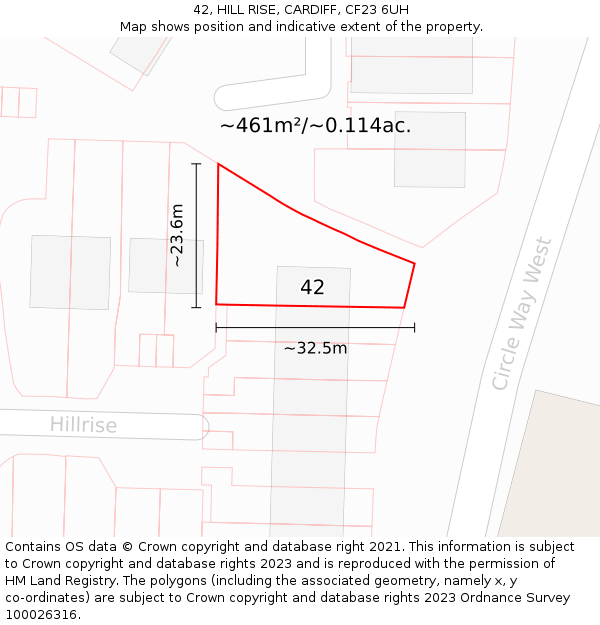42, HILL RISE, CARDIFF, CF23 6UH: Plot and title map