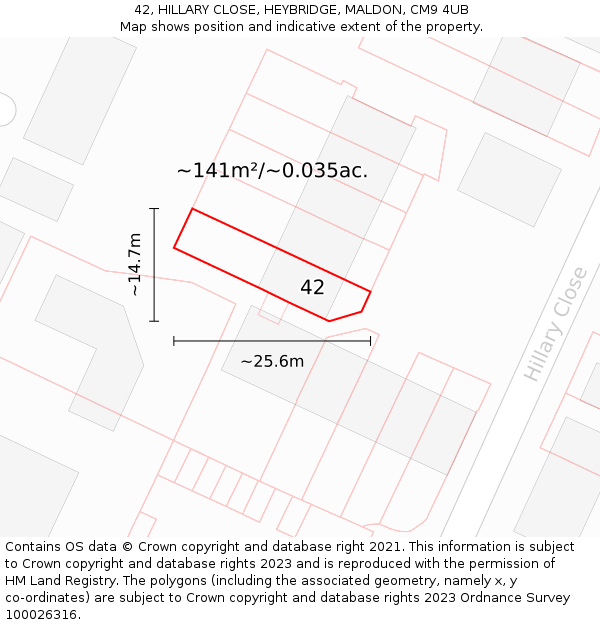 42, HILLARY CLOSE, HEYBRIDGE, MALDON, CM9 4UB: Plot and title map