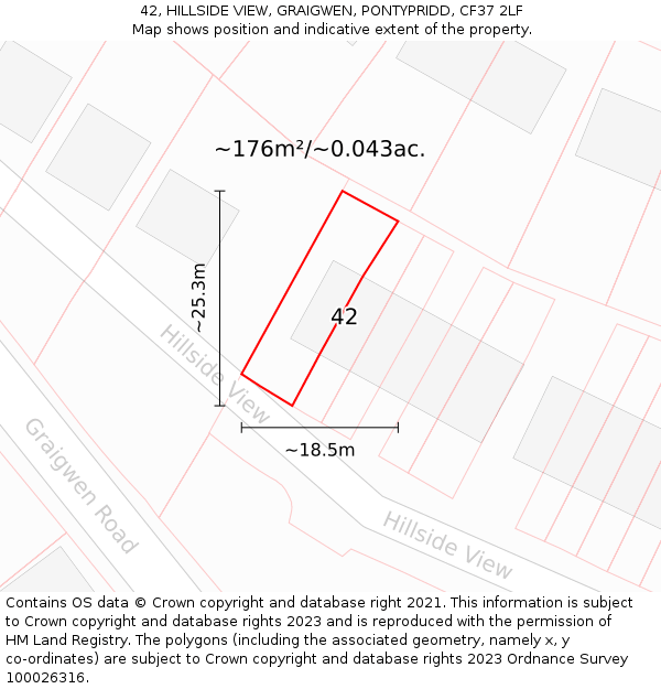 42, HILLSIDE VIEW, GRAIGWEN, PONTYPRIDD, CF37 2LF: Plot and title map