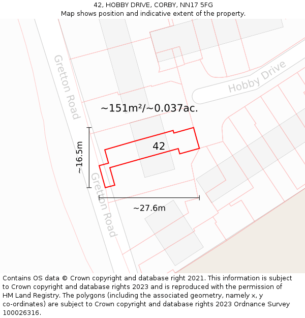 42, HOBBY DRIVE, CORBY, NN17 5FG: Plot and title map