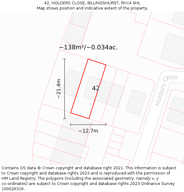 42, HOLDERS CLOSE, BILLINGSHURST, RH14 9HL: Plot and title map