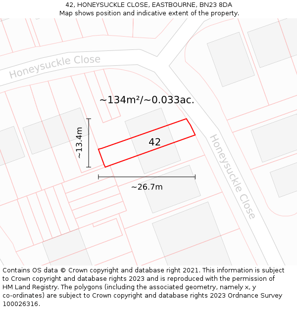 42, HONEYSUCKLE CLOSE, EASTBOURNE, BN23 8DA: Plot and title map