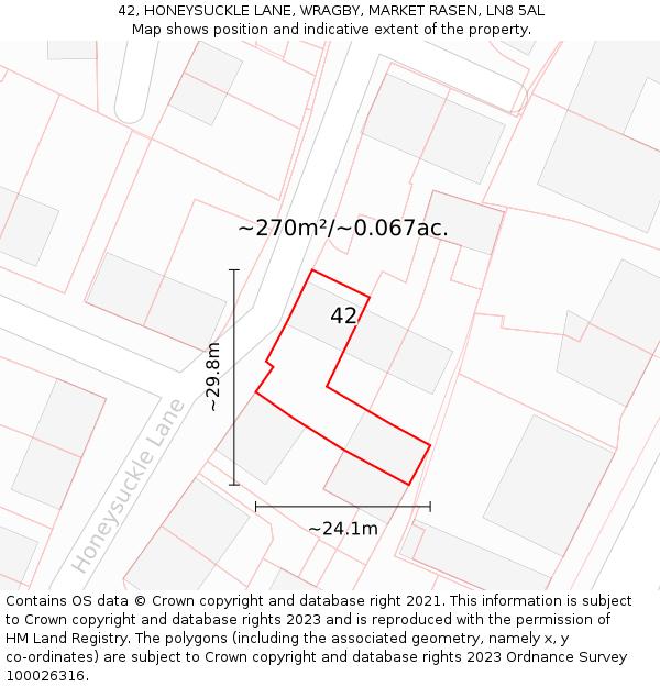 42, HONEYSUCKLE LANE, WRAGBY, MARKET RASEN, LN8 5AL: Plot and title map