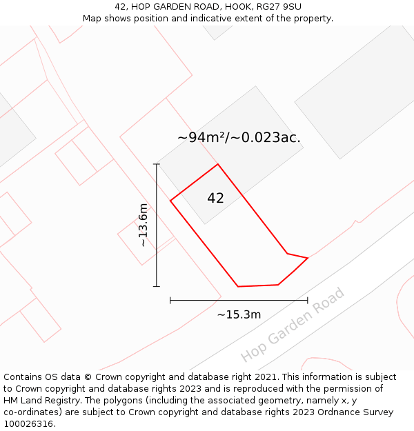 42, HOP GARDEN ROAD, HOOK, RG27 9SU: Plot and title map