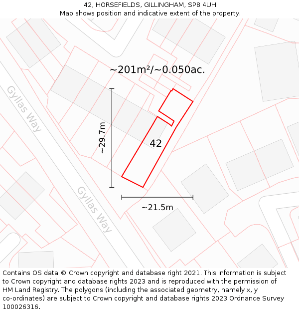 42, HORSEFIELDS, GILLINGHAM, SP8 4UH: Plot and title map