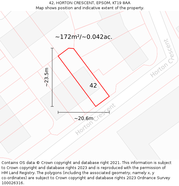 42, HORTON CRESCENT, EPSOM, KT19 8AA: Plot and title map