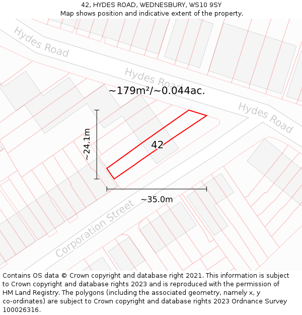 42, HYDES ROAD, WEDNESBURY, WS10 9SY: Plot and title map