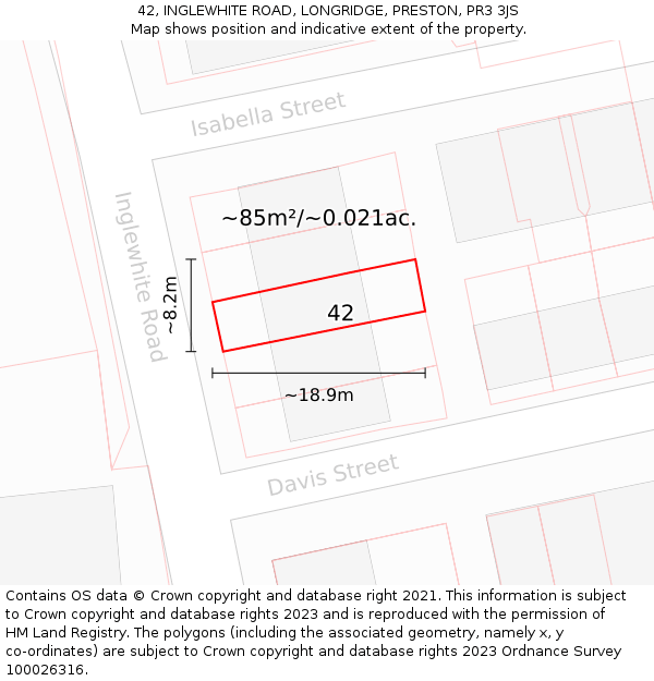 42, INGLEWHITE ROAD, LONGRIDGE, PRESTON, PR3 3JS: Plot and title map