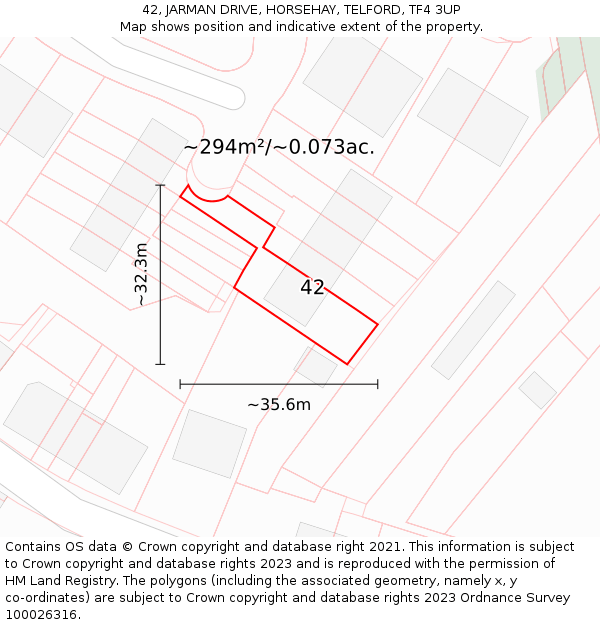 42, JARMAN DRIVE, HORSEHAY, TELFORD, TF4 3UP: Plot and title map