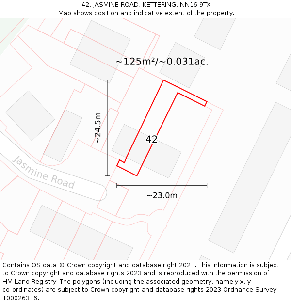 42, JASMINE ROAD, KETTERING, NN16 9TX: Plot and title map