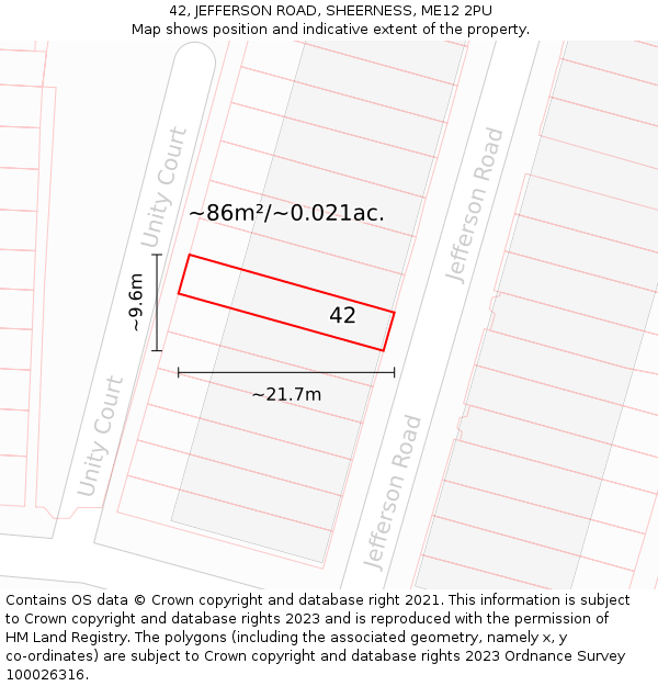 42, JEFFERSON ROAD, SHEERNESS, ME12 2PU: Plot and title map