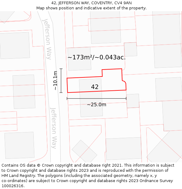 42, JEFFERSON WAY, COVENTRY, CV4 9AN: Plot and title map