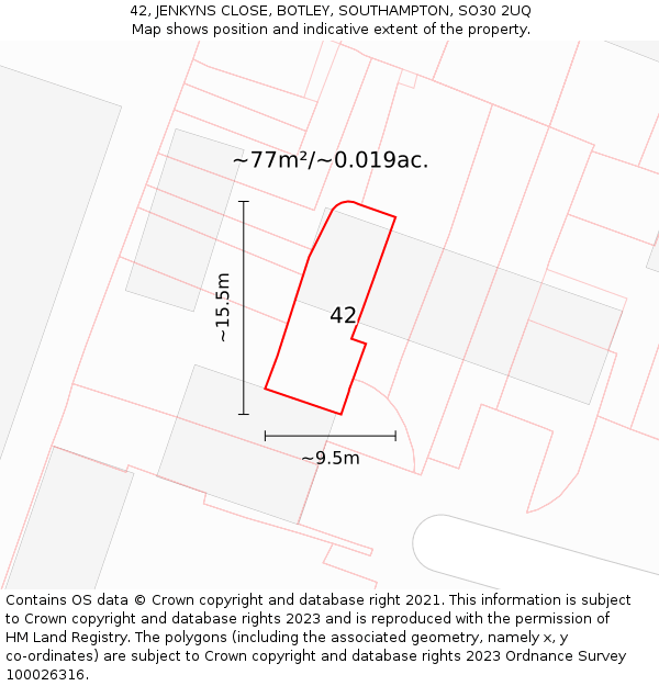42, JENKYNS CLOSE, BOTLEY, SOUTHAMPTON, SO30 2UQ: Plot and title map
