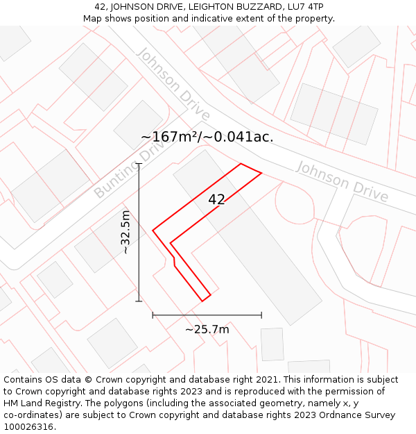 42, JOHNSON DRIVE, LEIGHTON BUZZARD, LU7 4TP: Plot and title map