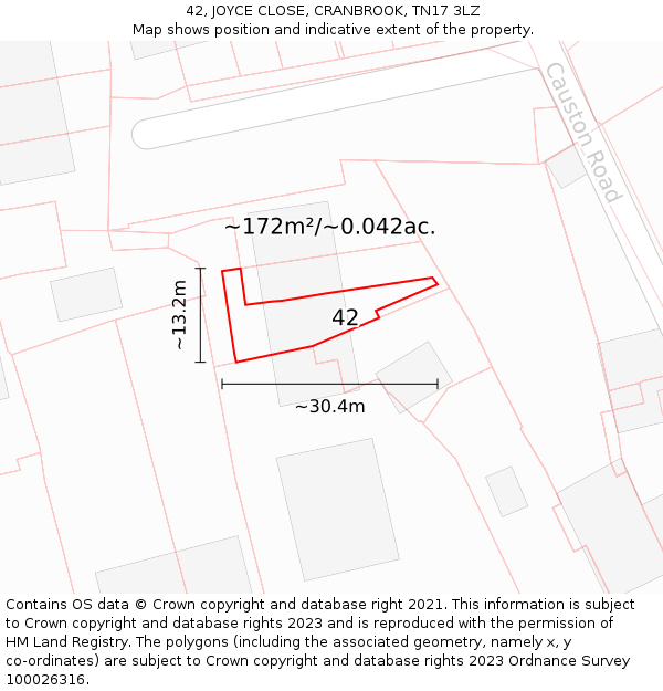 42, JOYCE CLOSE, CRANBROOK, TN17 3LZ: Plot and title map