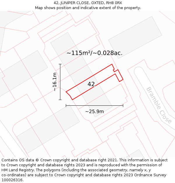 42, JUNIPER CLOSE, OXTED, RH8 0RX: Plot and title map