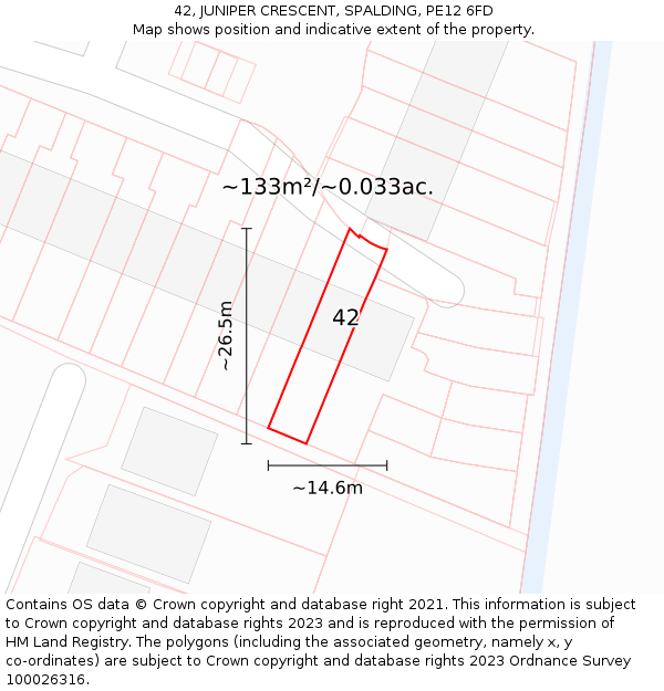 42, JUNIPER CRESCENT, SPALDING, PE12 6FD: Plot and title map