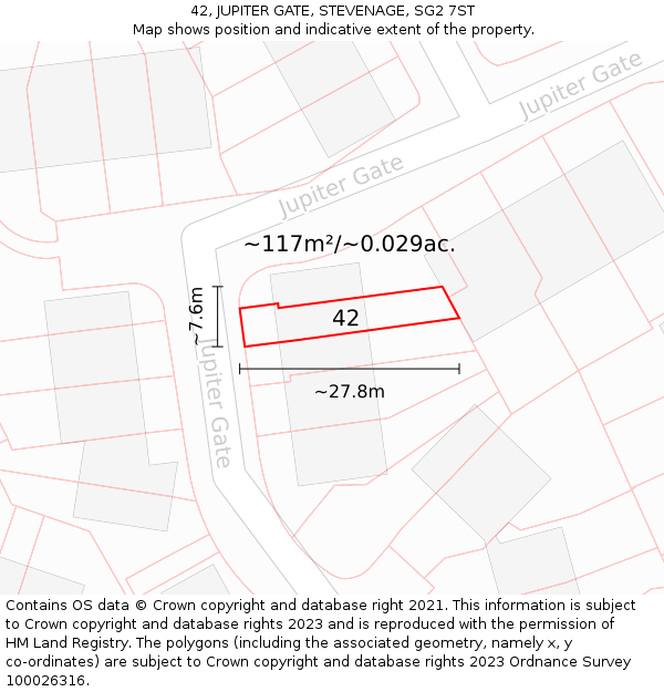 42, JUPITER GATE, STEVENAGE, SG2 7ST: Plot and title map
