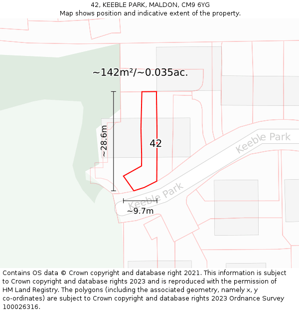 42, KEEBLE PARK, MALDON, CM9 6YG: Plot and title map