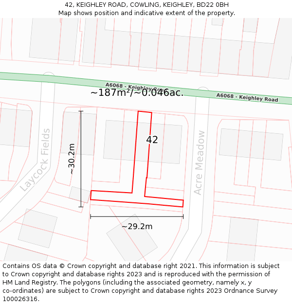 42, KEIGHLEY ROAD, COWLING, KEIGHLEY, BD22 0BH: Plot and title map
