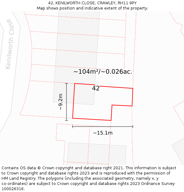 42, KENILWORTH CLOSE, CRAWLEY, RH11 9PY: Plot and title map