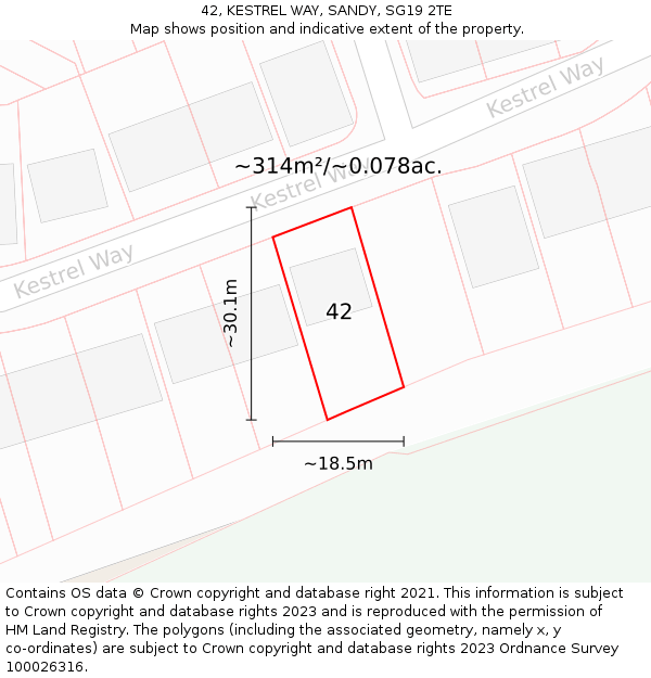 42, KESTREL WAY, SANDY, SG19 2TE: Plot and title map