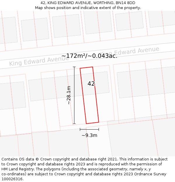 42, KING EDWARD AVENUE, WORTHING, BN14 8DD: Plot and title map