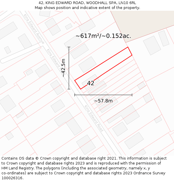 42, KING EDWARD ROAD, WOODHALL SPA, LN10 6RL: Plot and title map