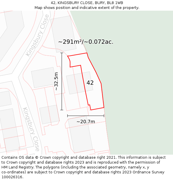 42, KINGSBURY CLOSE, BURY, BL8 1WB: Plot and title map