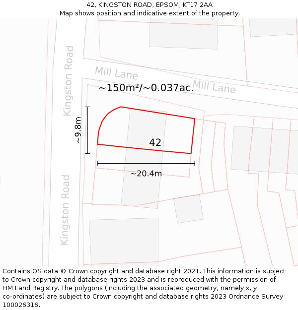 42, KINGSTON ROAD, EPSOM, KT17 2AA: Plot and title map