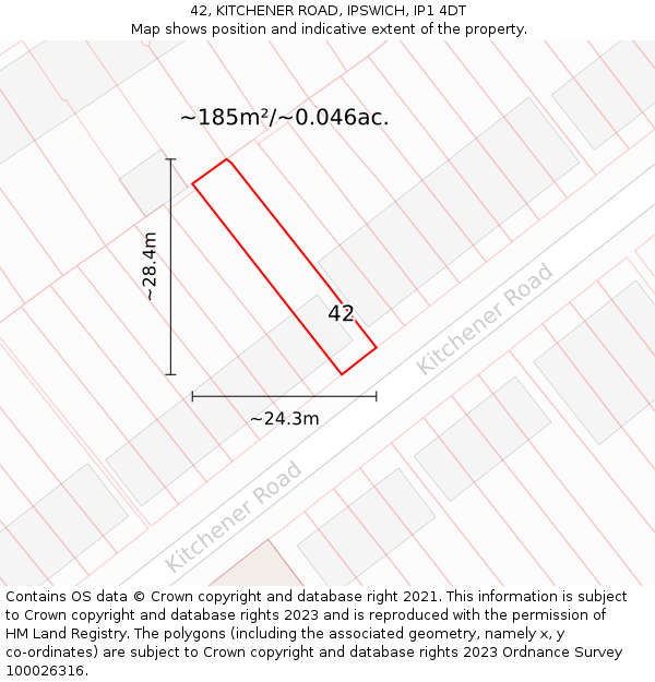 42, KITCHENER ROAD, IPSWICH, IP1 4DT: Plot and title map